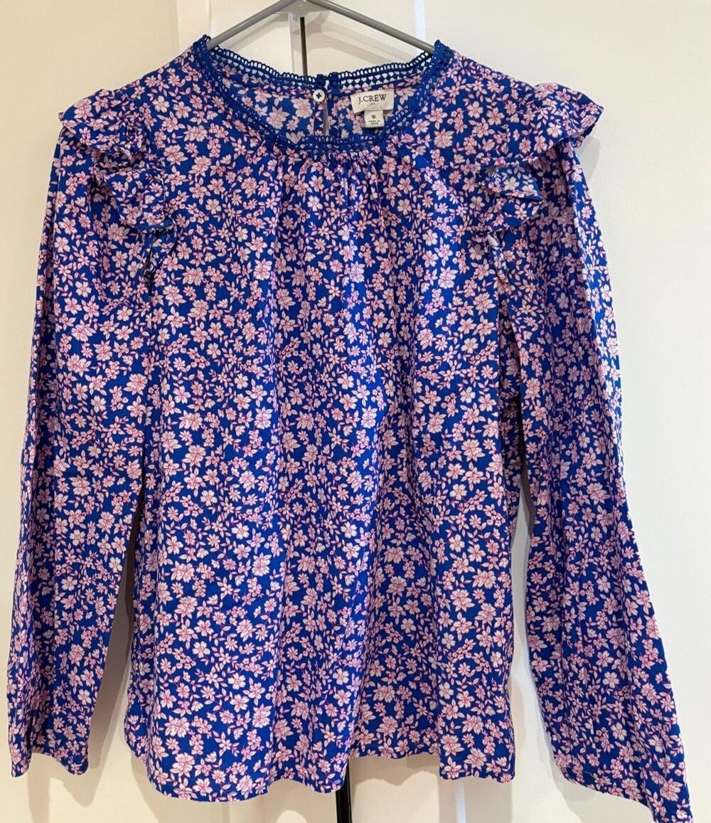 J CREW SHIRT Womens Small Blue Pink Floral Print Ruffle Lace Cotton Long Sleeve
